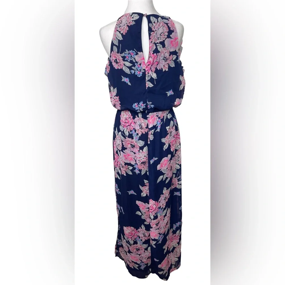 Navy Pink Floral Chiffon Maxi Dress Romantic Cottagecore Spring Wedding Guest Md - Picture 3 of 14